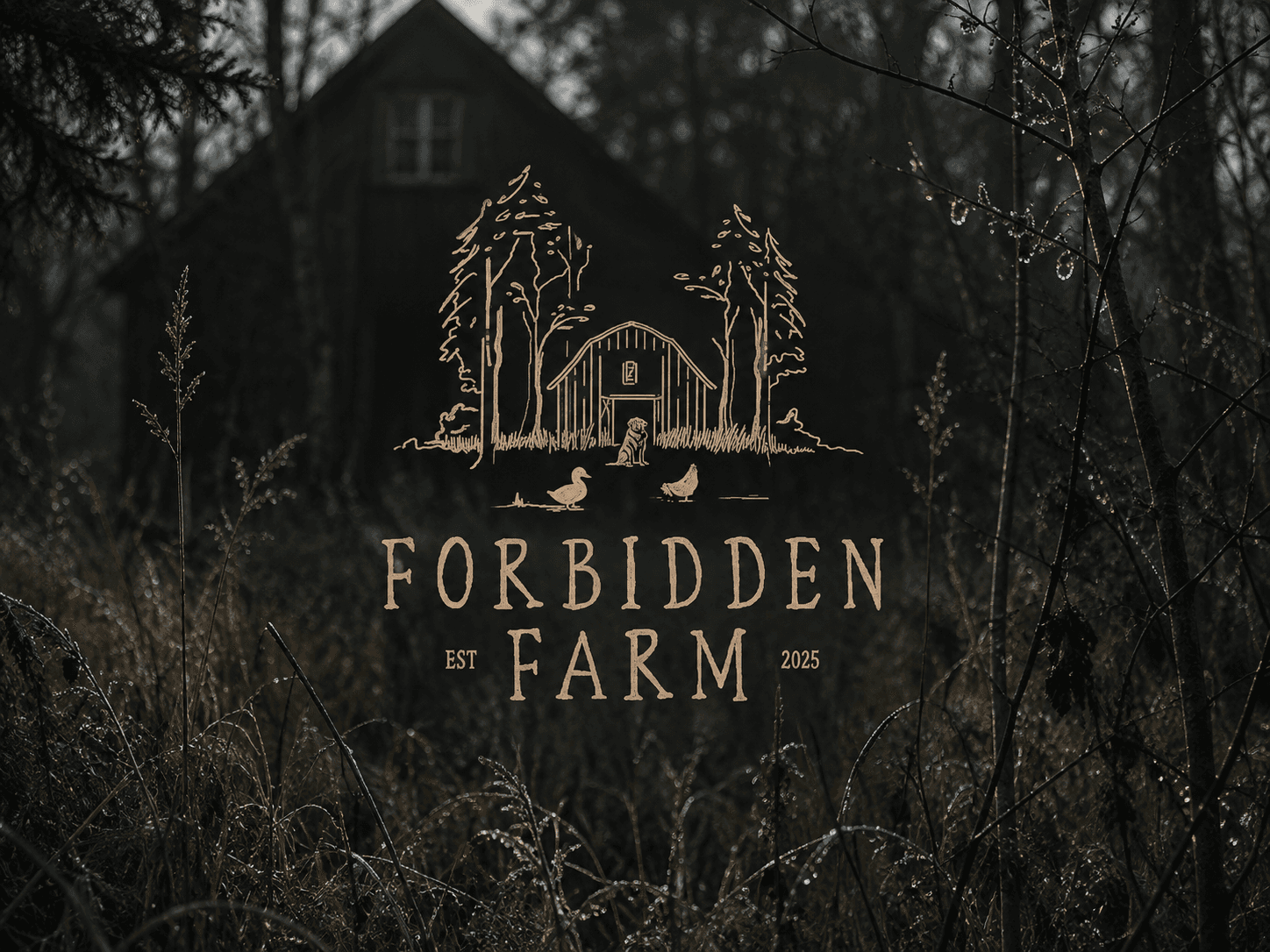 Forbidden Farm's logo against the woodland artwork